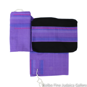Tallit Set, Jewel Tones of Purple, Royal Blue, and Fuchsia, Hand-Spun Cotton and Silk, with Bag, Ethically and Sustainably Made