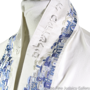 Tallit Set, Embroidered Blue Jerusalem Design, Woven Cotton, three pieces