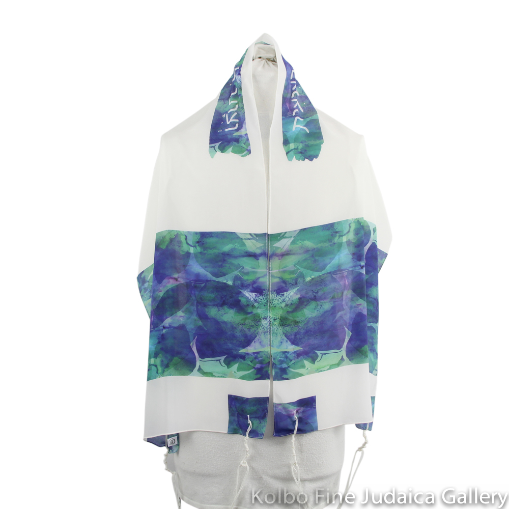 Tallit Set, Teal and Blue Watercolor Block with Water Lilies, Silk