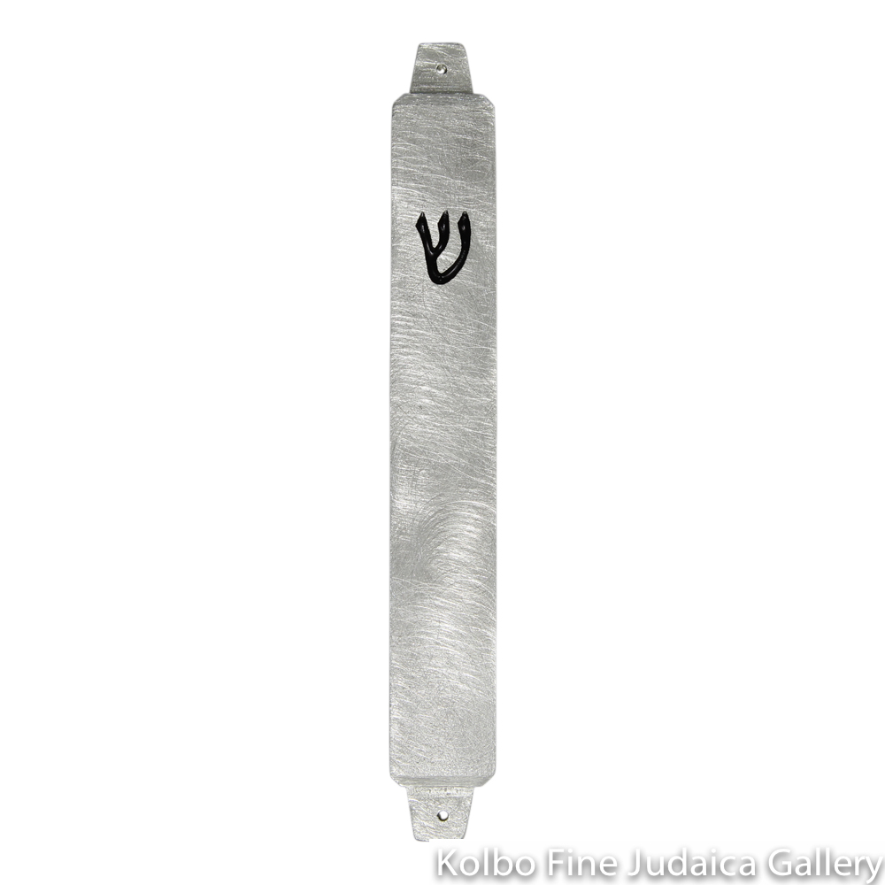 Mezuzah, Sanded Finish on Rectangle, Pewter with Embossed Shin