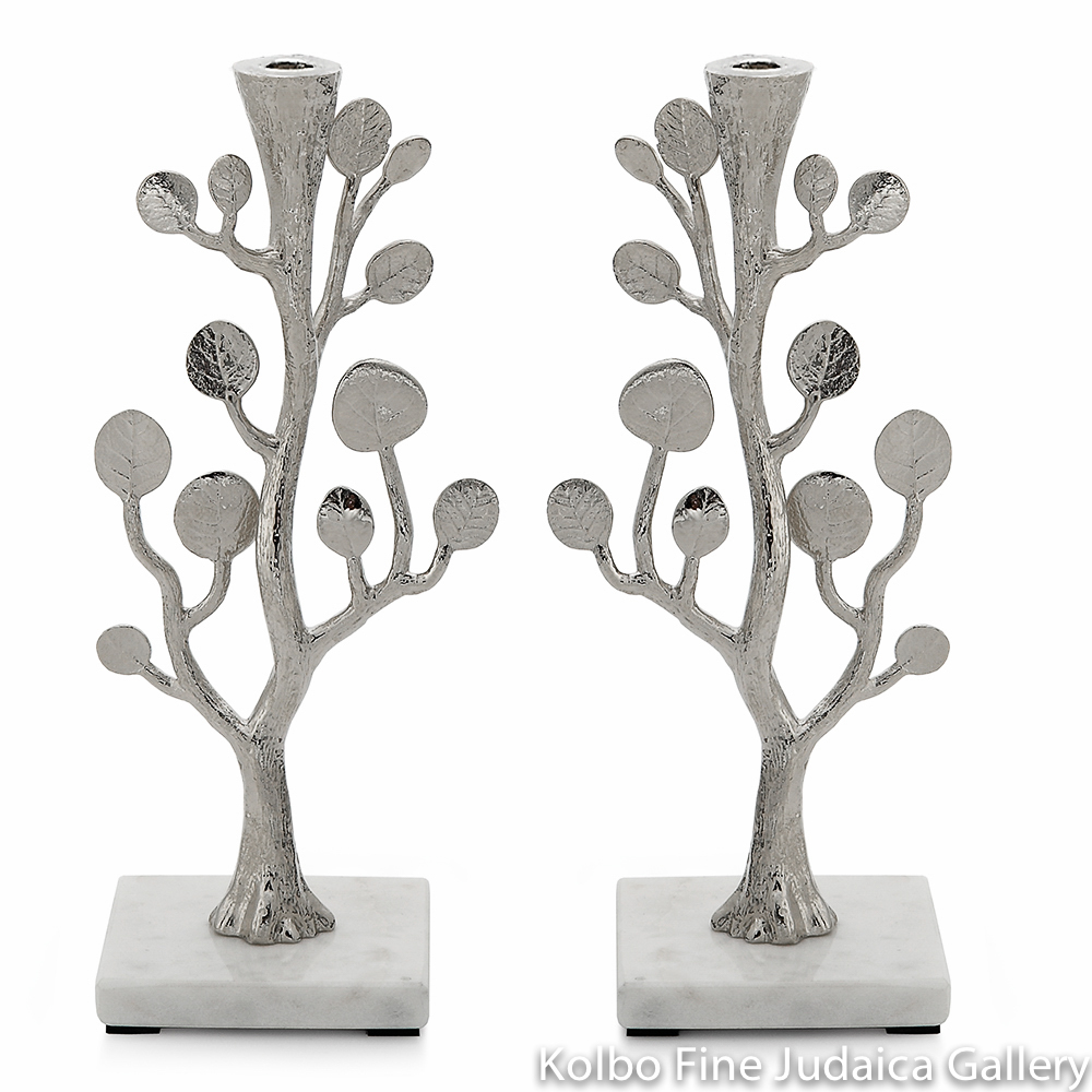 Candlesticks, Botanical Leaf Design, Nickel Plate and Marble
