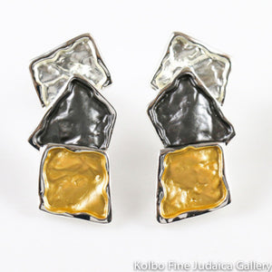 Earrings, Geometric Shapes, Silver and Gold Plate, Post