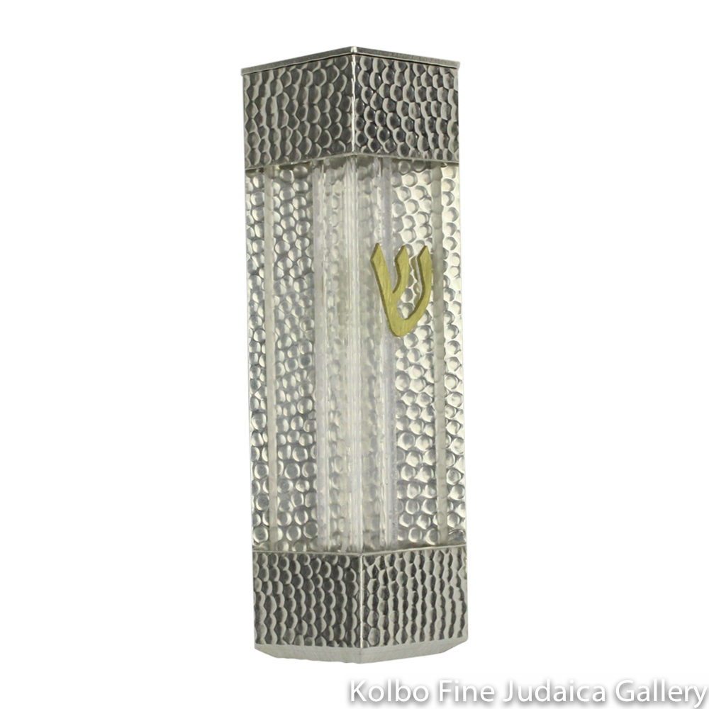 Wedding Glass Mezuzah, Angular Design, Large Pebble Finish, Pewter, Brass, and Acrylic