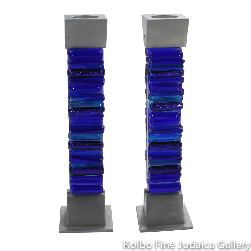 Candlesticks, Iridescent Icicle Design in Cobalt Blue, Glass and Metal