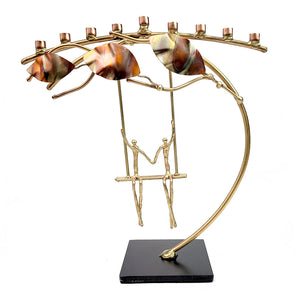 Menorah, Two Figures on a Swing, Arched Candles, Copper and Brass