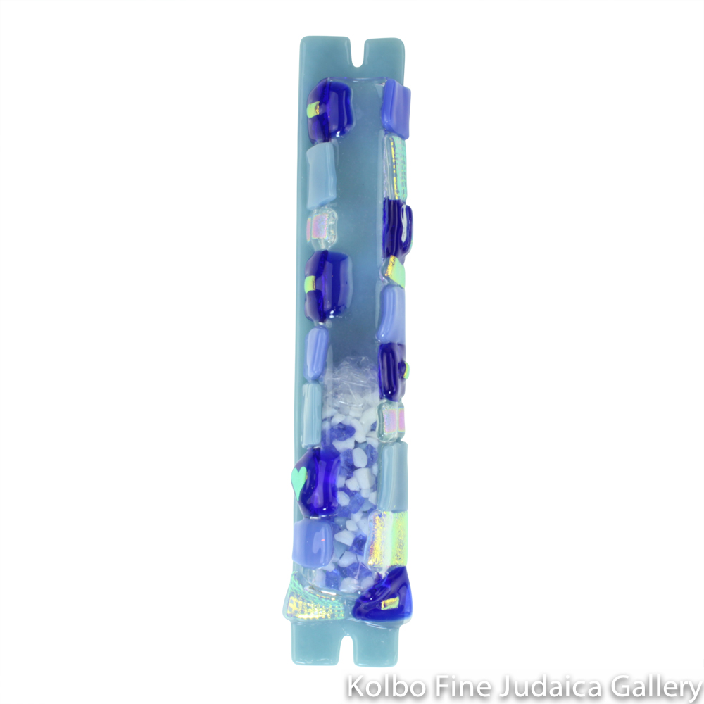Wedding Glass Mezuzah, Blue Block Design, Fused Glass