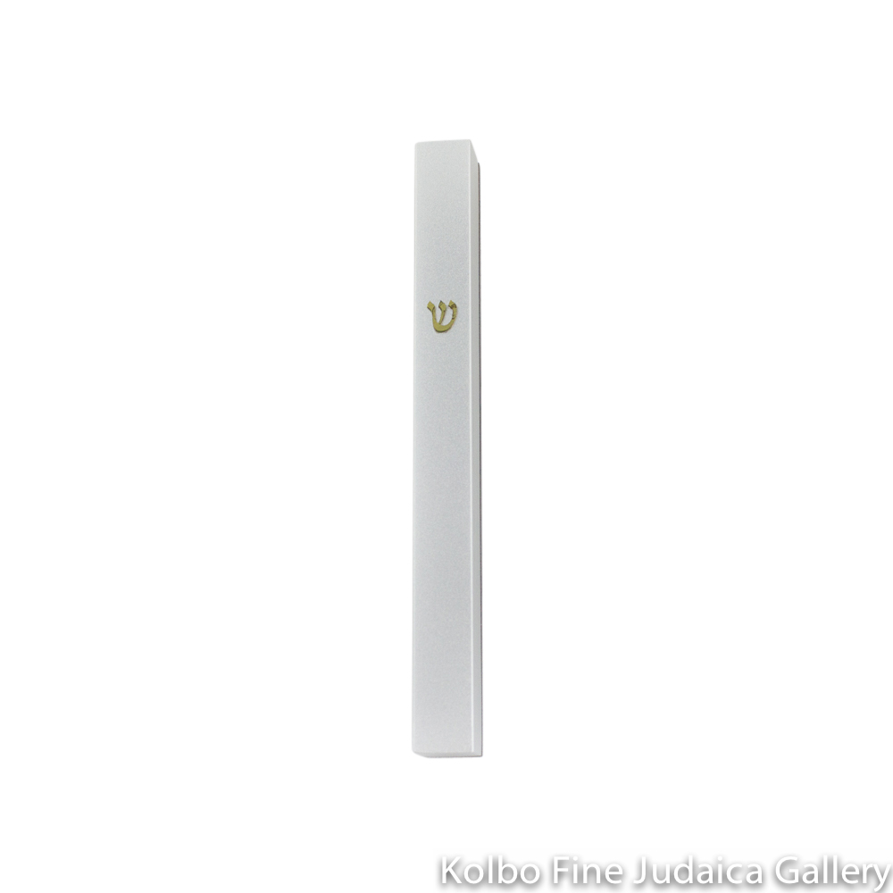 Mezuzah, Thin, Silver, Anodized Aluminum with Shin