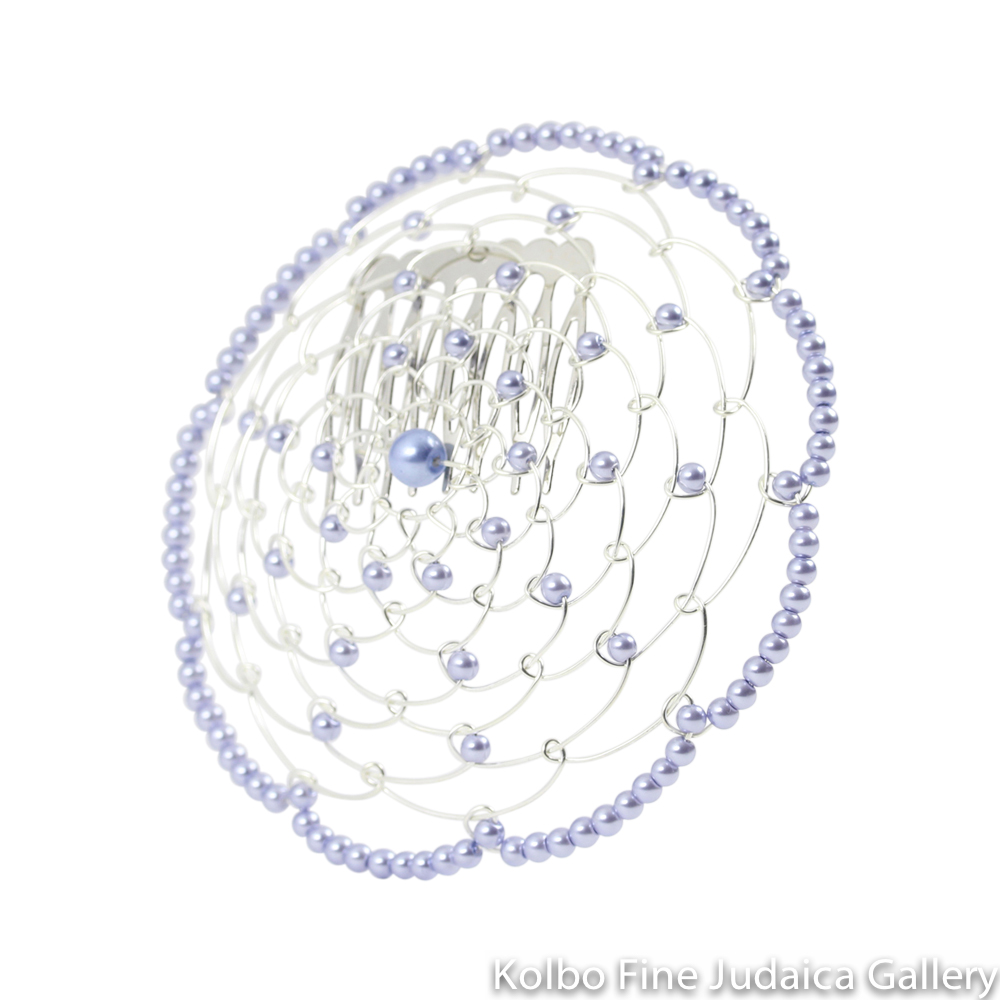 Kippah, Beaded Wire Kippah, Pewter Beads, with Comb