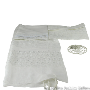 Tallit Set, White Floral Design with Subtle Sequins, Sheer White Poly Blend, Three Piece Set