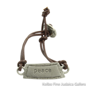 Bracelet, Peace Design in Hebrew and English, Pewter with Leather Cord