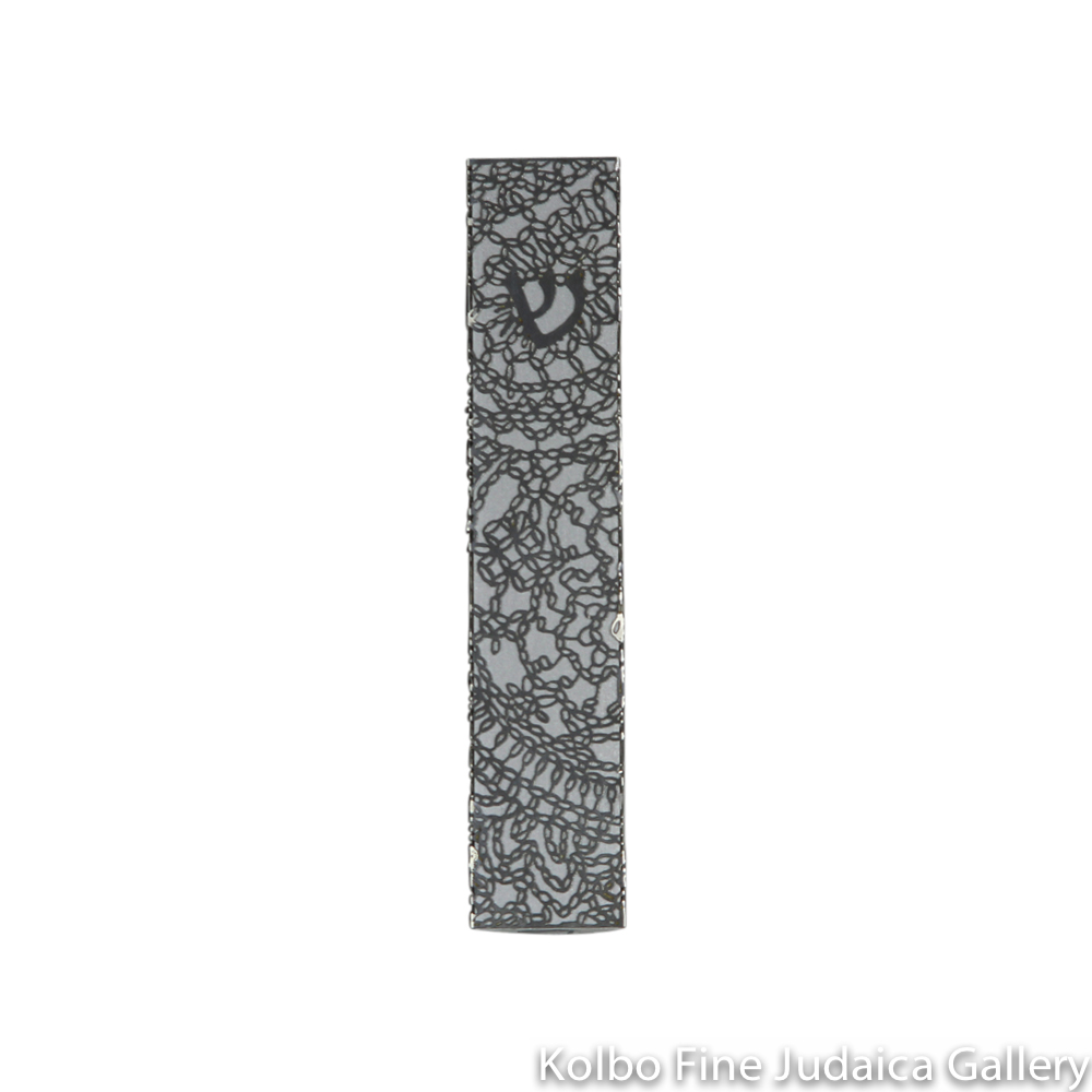 Mezuzah, Cut Out Floral Lace Design, Stainless Steel on Silver Background