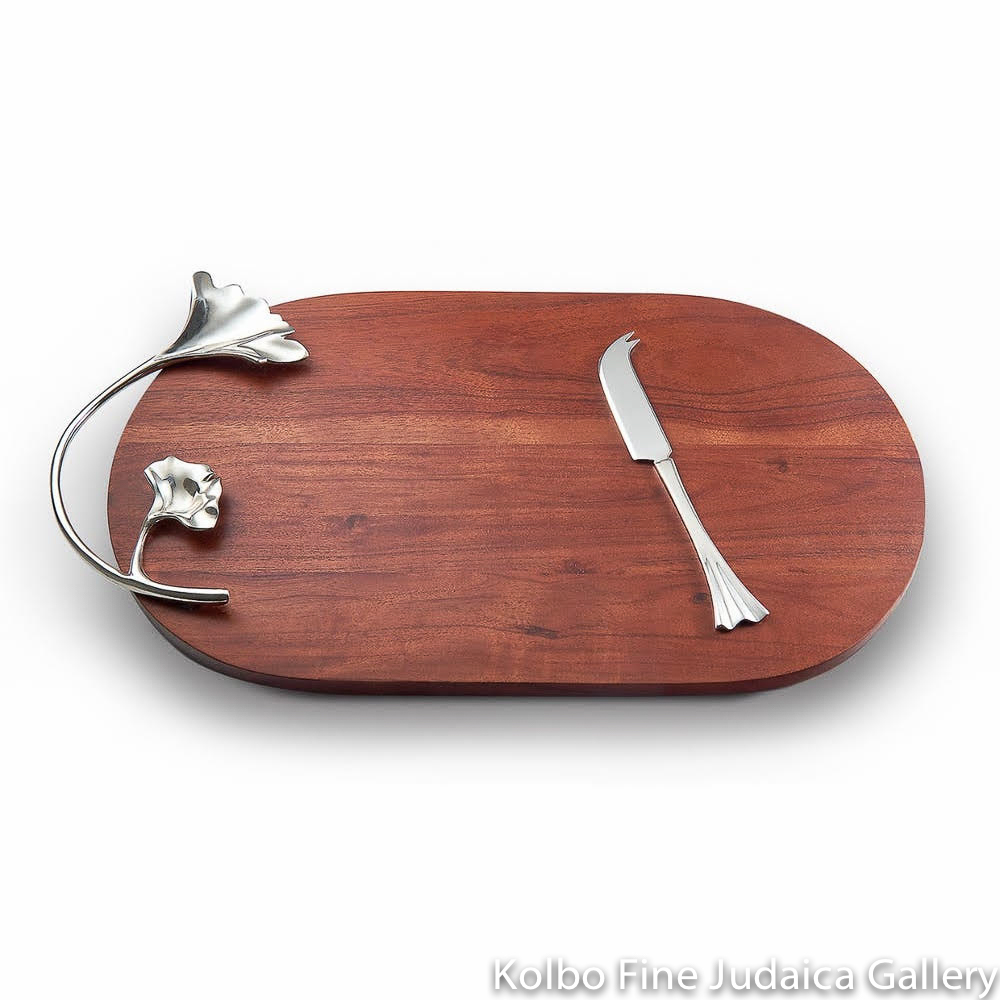 Serving Board, Oval, Acacia Wood, Nickel-Plated Metal Ginkgo Leaves and Knife