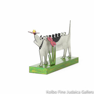 Menorah, Dog Design, Painted Metal on Wooden Base