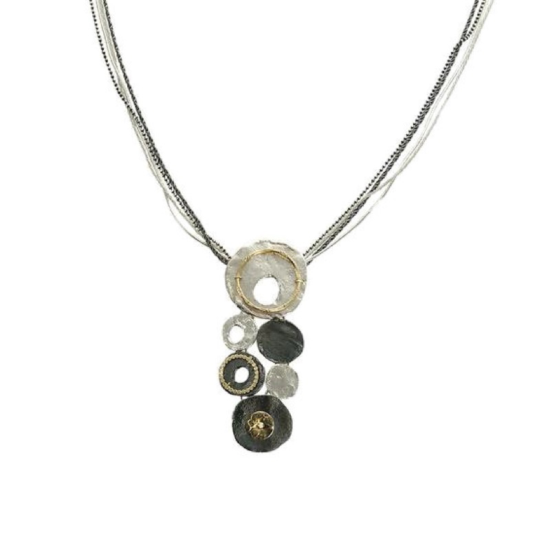 Necklace, Pendant with Six Circles on Four Threads of Sterling Silver and Gold-Filled Chain