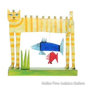 Menorah, Cat with Two Hanging Fish, Hand-Painted Metal
