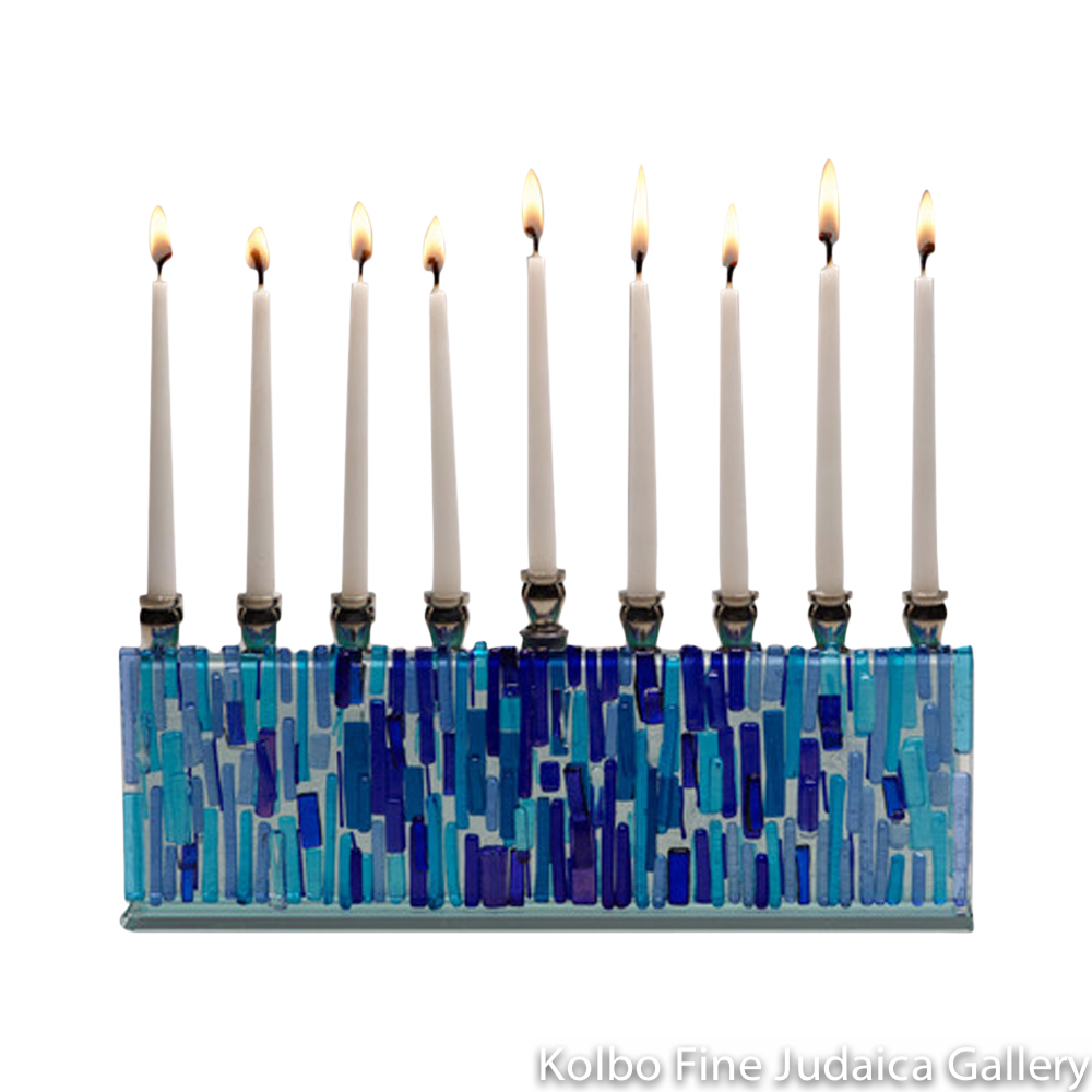 Menorah, Blue Sea Design, Multi-Blue Glass, Cobalt Dichroic Accents, Medium