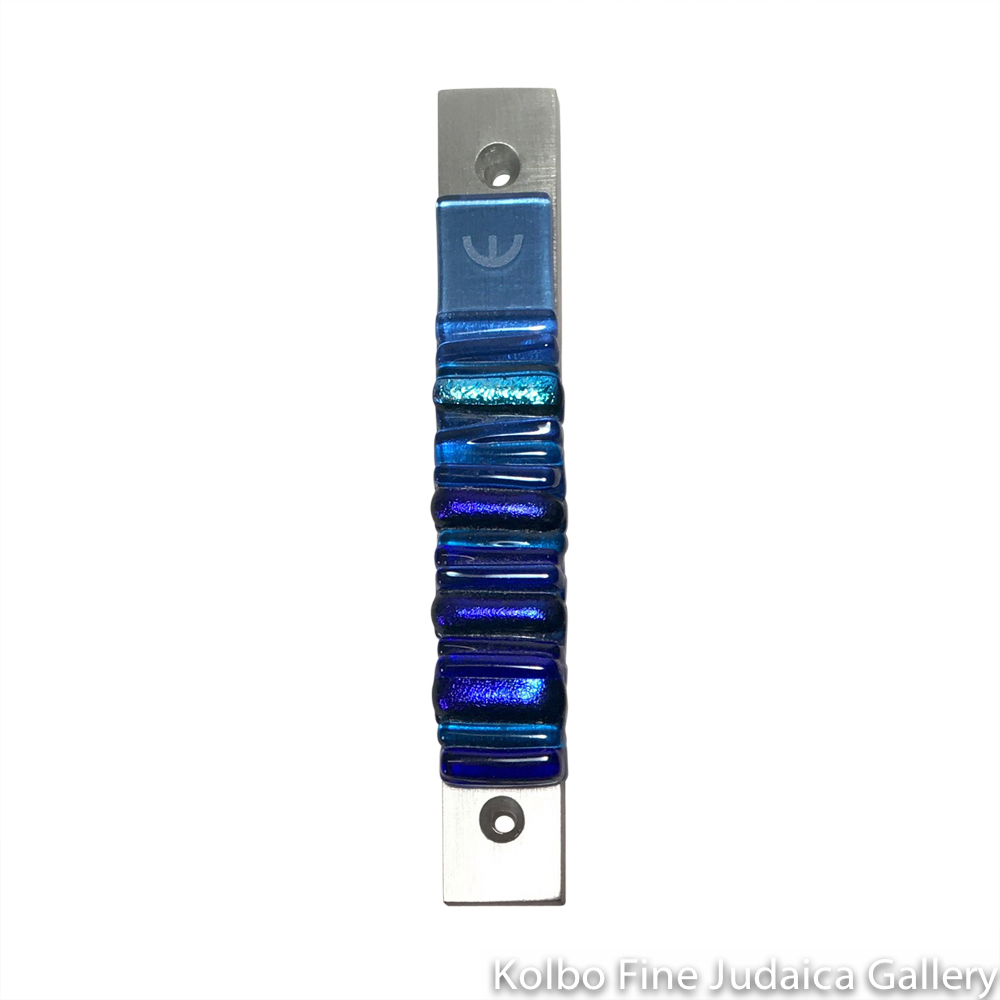 Mezuzah, Iridescent Icicle Collection in Light Cobalt Blue, Fused Glass and Metal
