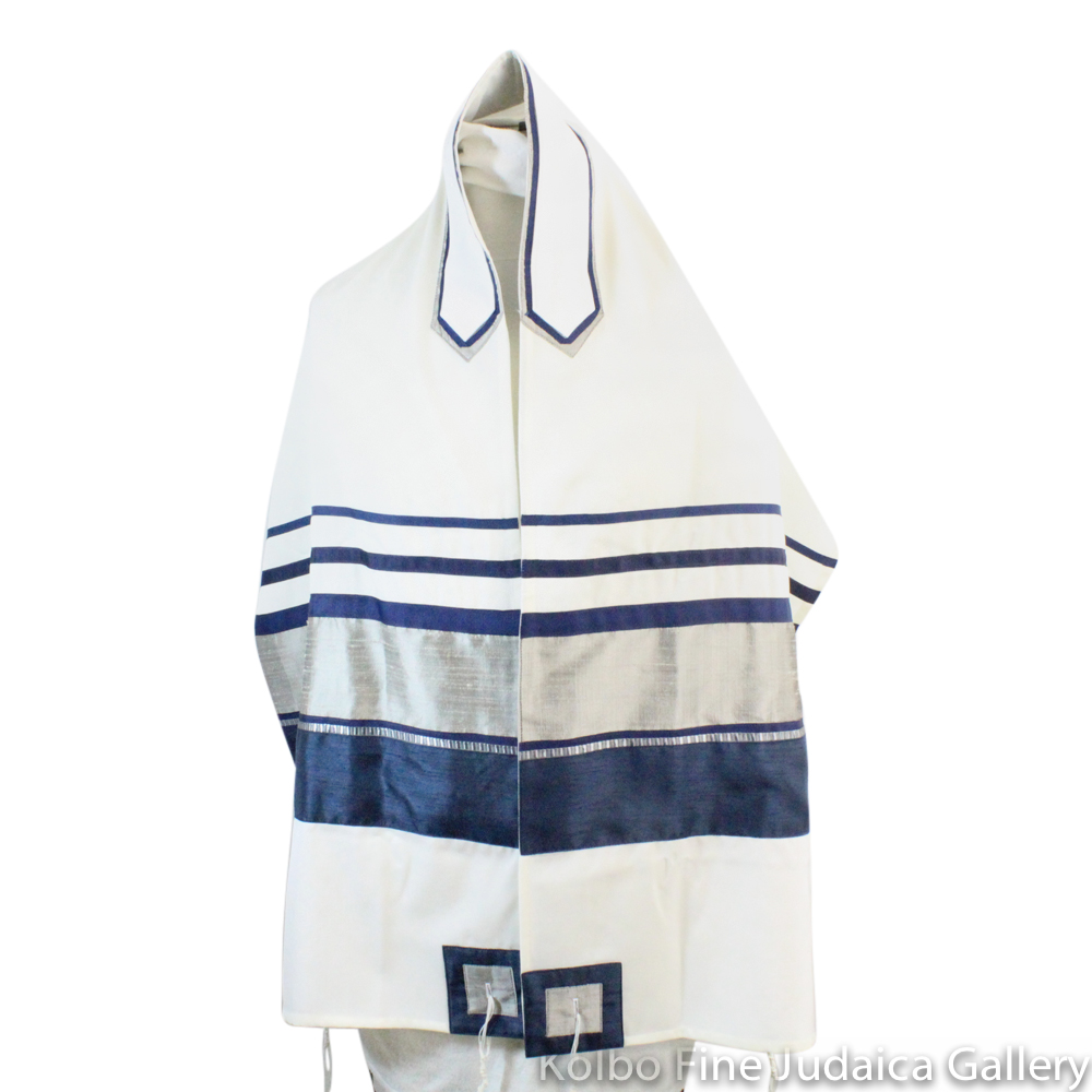 Tallit Set, Navy Blue and Silk Silver Stripes on White Wool