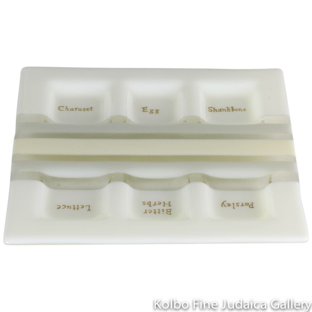 Seder Plate, White and Ivory Glass Design With Gold Lettering