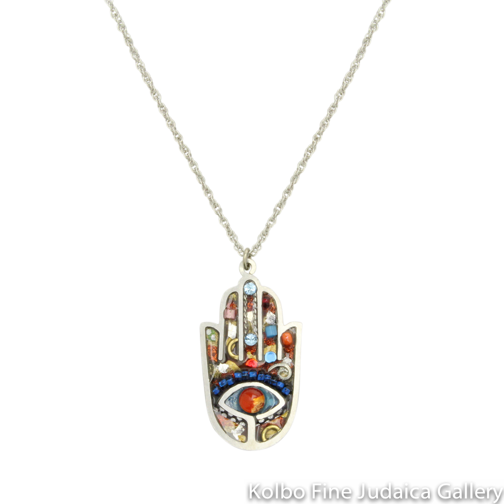 Necklace, Multicolor Artazia Hamsa, Resin on Stainless Steel with Crystals and Blue Beads