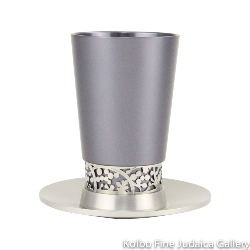 Kiddush Cup, Seven Species Design, Stainless Steel Detail on Gray Anodized Aluminum, Large, Includes Saucer