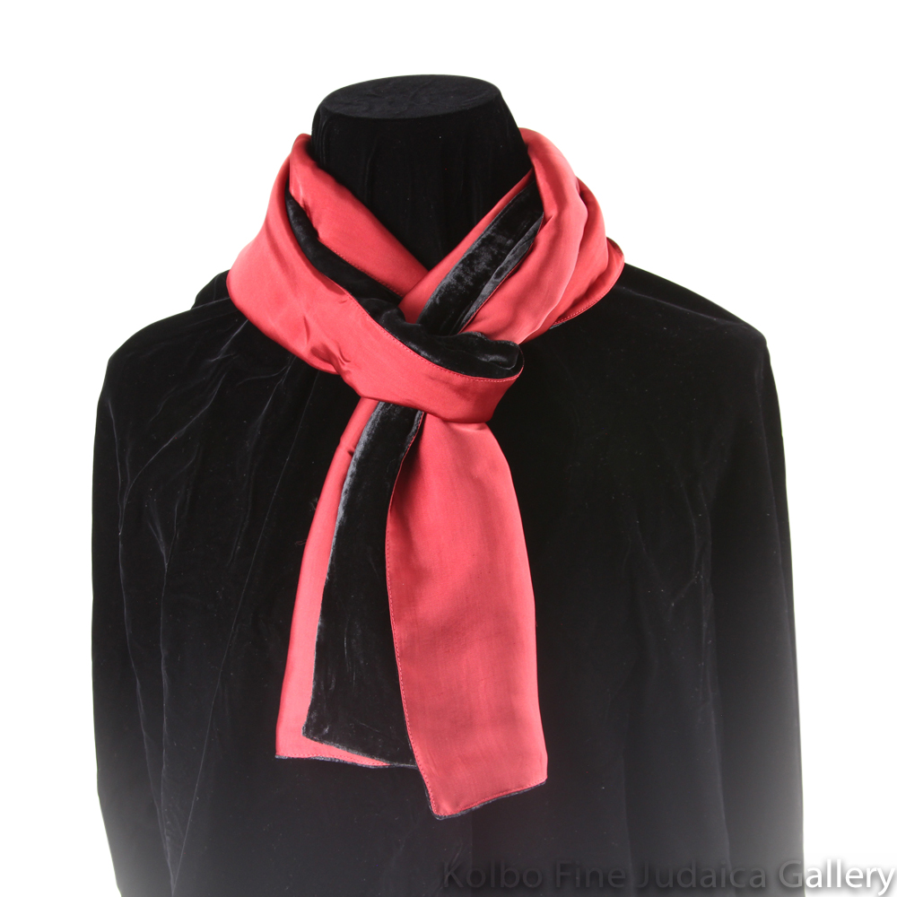 Scarf, Black and Red Two-Tone Design, Velvet and Silk, Hand-Made