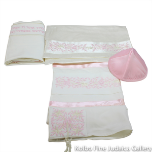 Tallit Set, Embroidered Vine Design in Pink on White Brushed Cotton