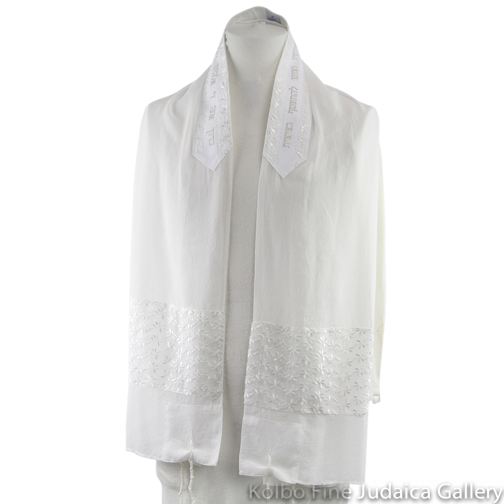 Tallit Set, White Floral Design with Subtle Sequins, Sheer White Poly Blend, Three Piece Set