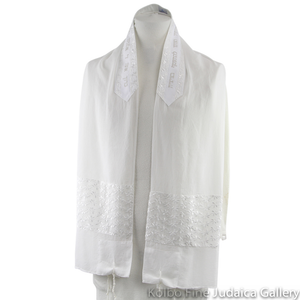 Tallit Set, White Floral Design with Subtle Sequins, Sheer White Poly Blend, Three Piece Set