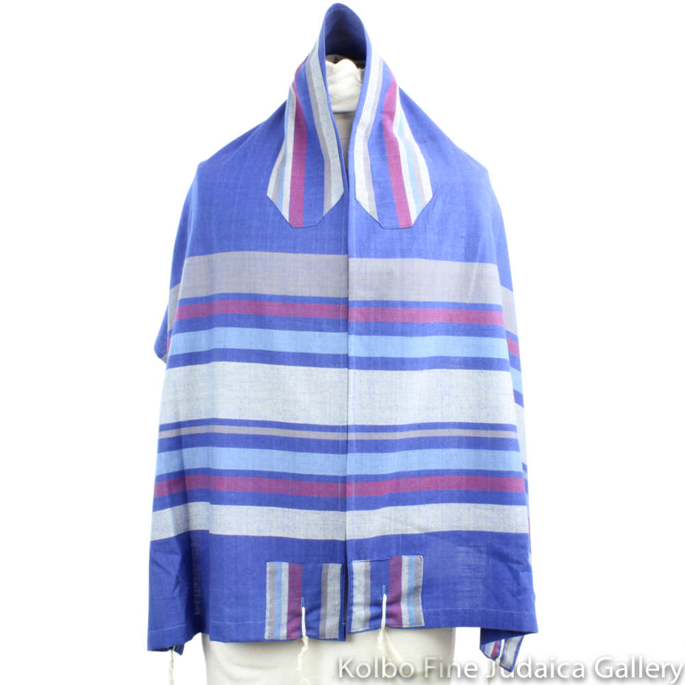 Tallit Set, Royal Blue with Maroon and Gray, Hand-Spun Cotton and Silk, with Bag, Ethically and Sustainably Made