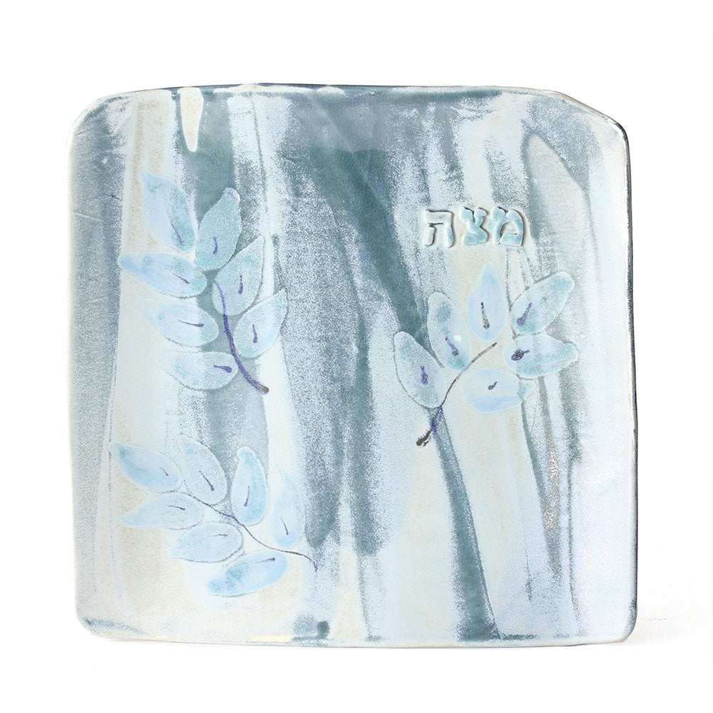 Matzah Plate, Ceramic, Blue Glaze With Leaf Design