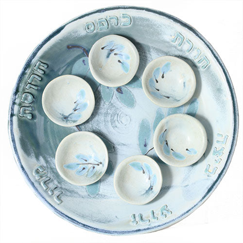Seder Plate, One-of-a-Kind Ceramic, Blue Glaze With Leaf Design