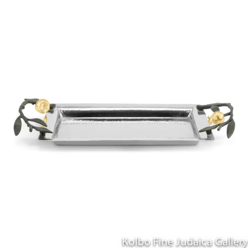 Tray, Pomegranate Handles, Stainless Steel, Brass and Goldtone