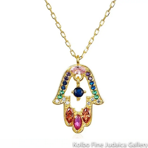 Necklace, Hamsa, Colorful Gemstones, 14K Gold Plate, 16" Chain