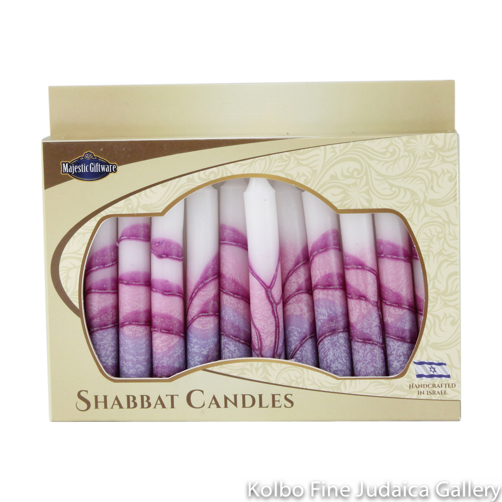 Shabbat Candles, Pink to Purple Tones, Box of 12, Unscented Dripless Paraffin