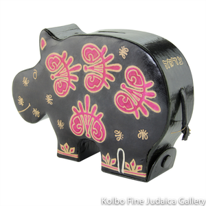Tzedakah Box, Hippopotamus Design, Hand Painted Tooled Leather