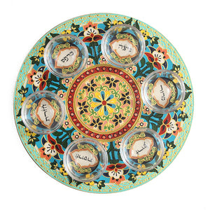 Seder Plate, Hand-Painted Wood with Glass Bowls, Floral Design with Blue, Red, Aqua and Gold Detail, #49