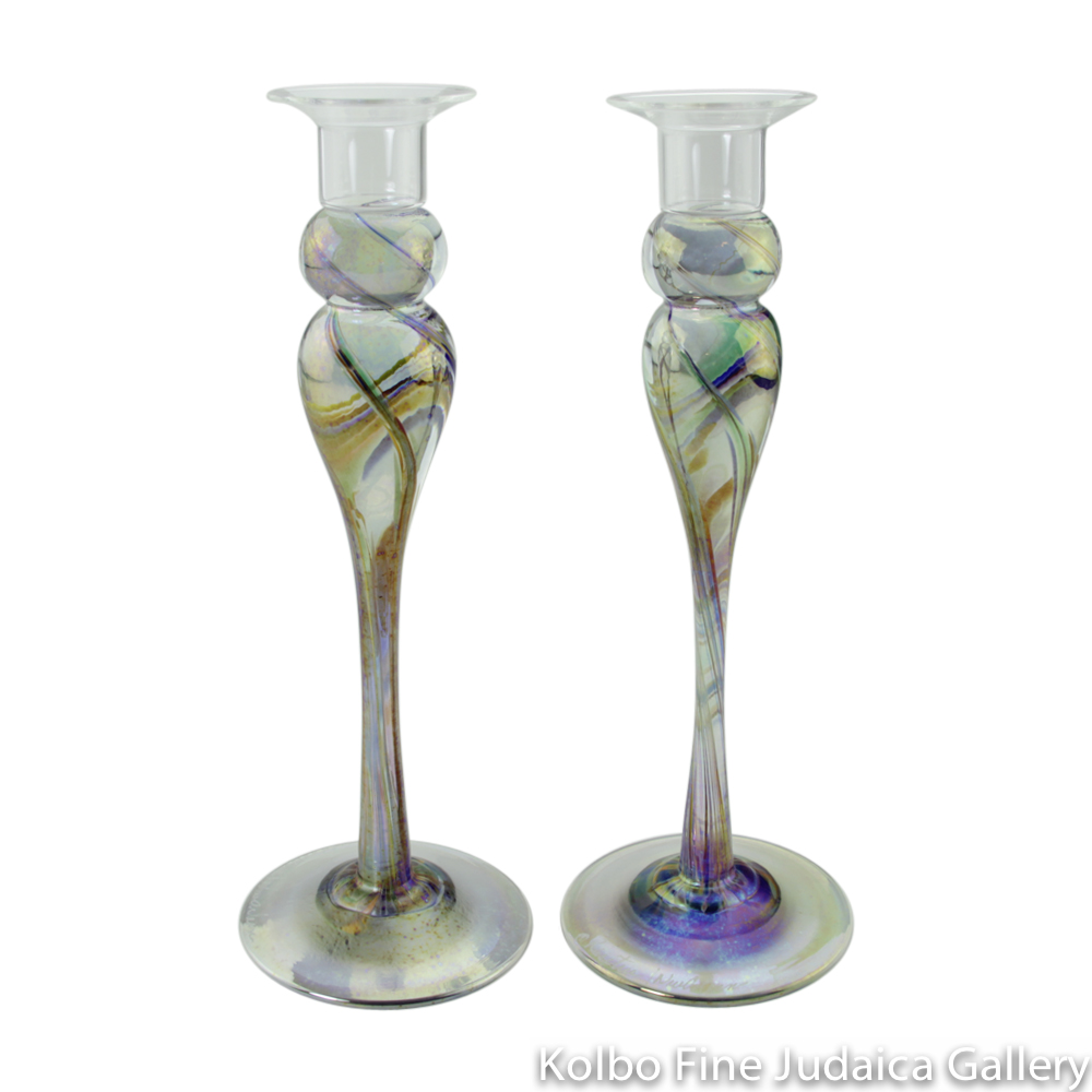 Candlesticks, Iridescent Rainbow Design, Hand-Blown Glass with Pyrex Candleholders