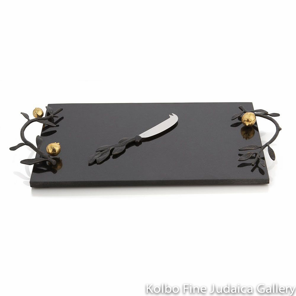 Challah Or Serving Plate, Pomegranate Design, Large Size, Oxidized Brass, Goldplate 24K, Stainless Steel, Granite, Small Spreader Knife Included