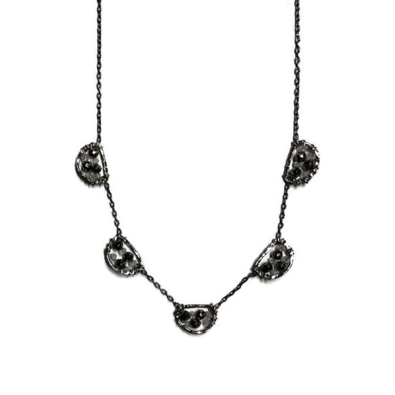 Necklace, Five Beaded Petals with Pyrite and White Natural Zircon on Dark Oxidized Sterling Silver Chain