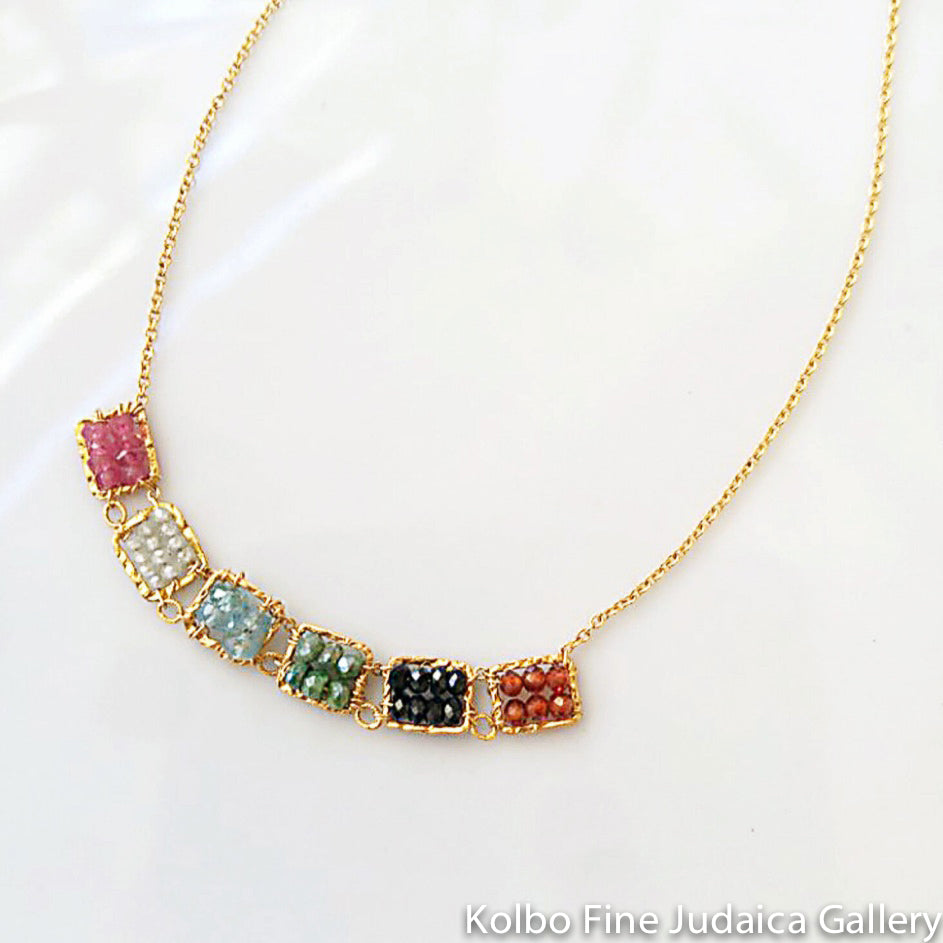 Necklace, Six Beaded Squares of Pink Sapphire, White and Blue Natural Zircon, Green Silverite, Black Spinel, Mozambique, on 17" Gold-Filled Chain