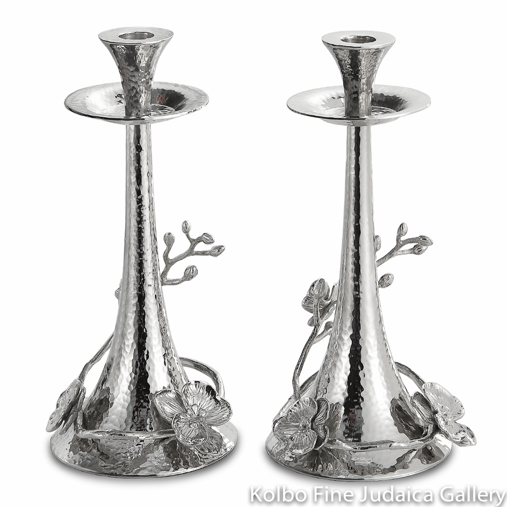 Candlesticks, White Orchid Design, Nickel Plate