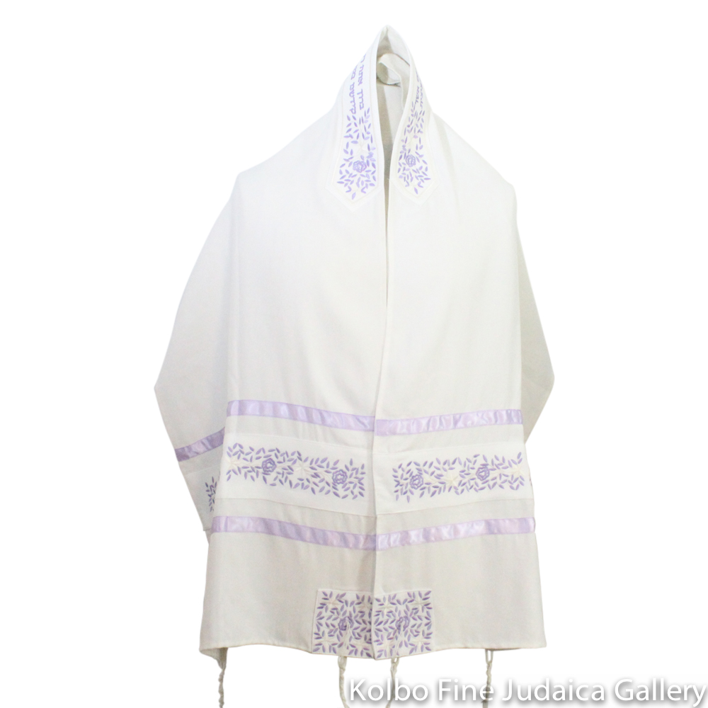 Tallit Set, Embroidered Vine Design in Lavender on White Brushed Cotton