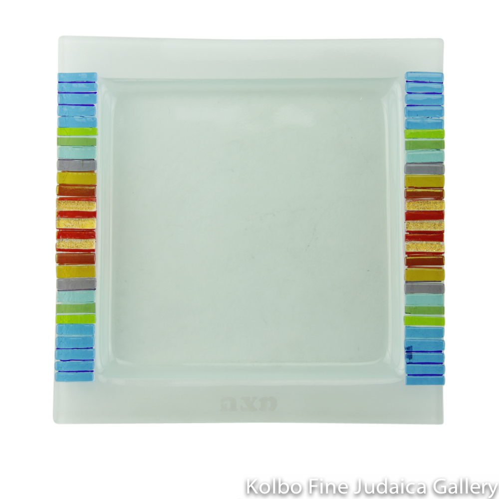 Matzah Plate, Fused Glass, Rainbow Edging with Red in Center and Gold Dichroic Highlights