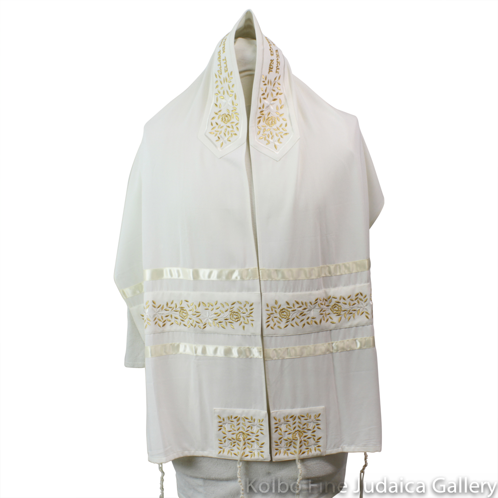 Tallit Set, Embroidered Vine Design in Gold on White Brushed Cotton