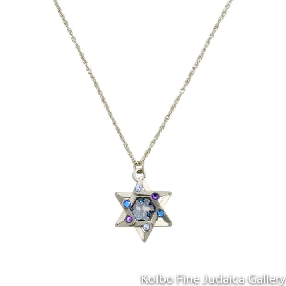 Necklace, Star and Chai Pendant in Blues, Resin on Stainless Steel with Crystals