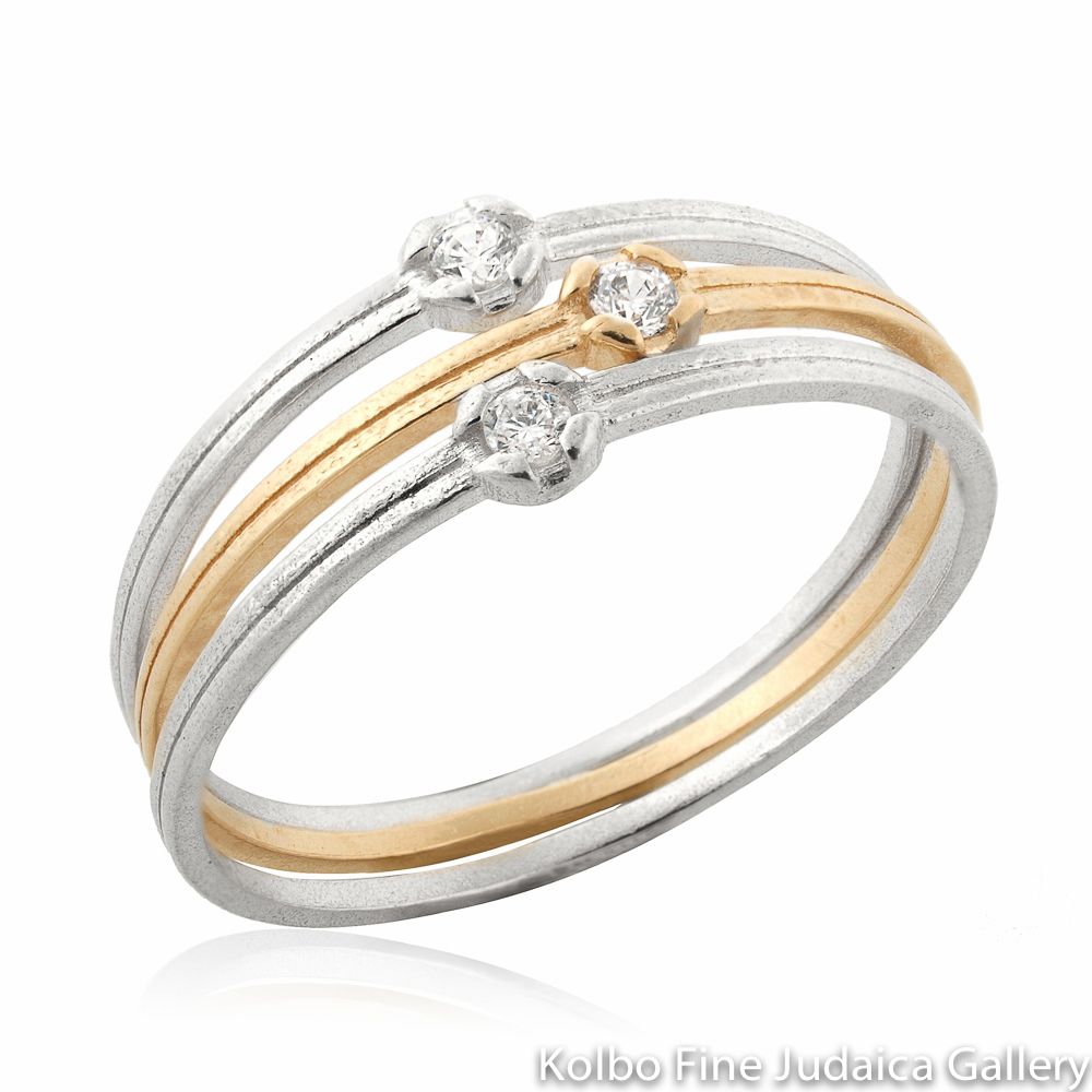Ring Set, Thin Double Bands, Each With Cubic Zirconia, Sterling Silver and Gold-FIlled Bands