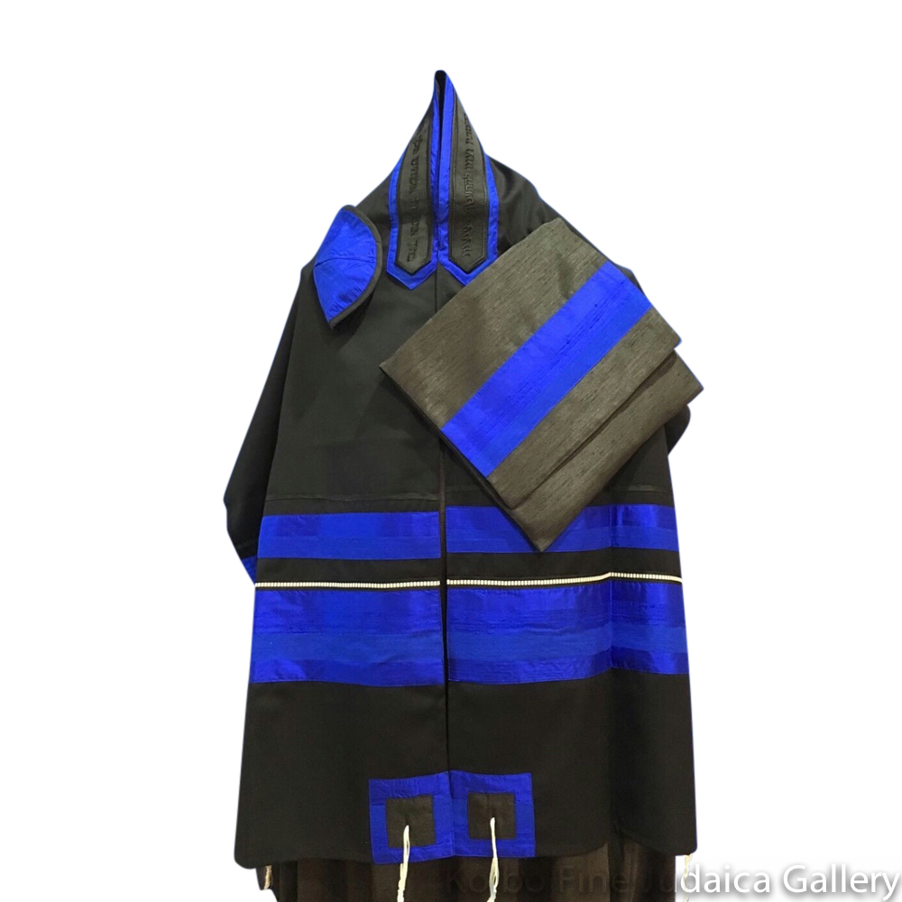 Tallit Set, Black Background with Electric Blue Stripes, Fine Wool