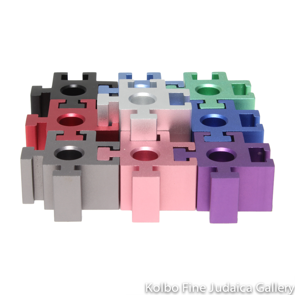 Menorah, Traveling Puzzle Piece, Multicolor Rainbow, Anodized Aluminum