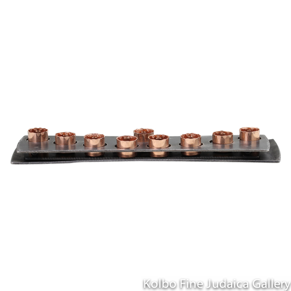 Menorah, Flat Steel Design With Hand Molded Copper Detail, For Use With Oil